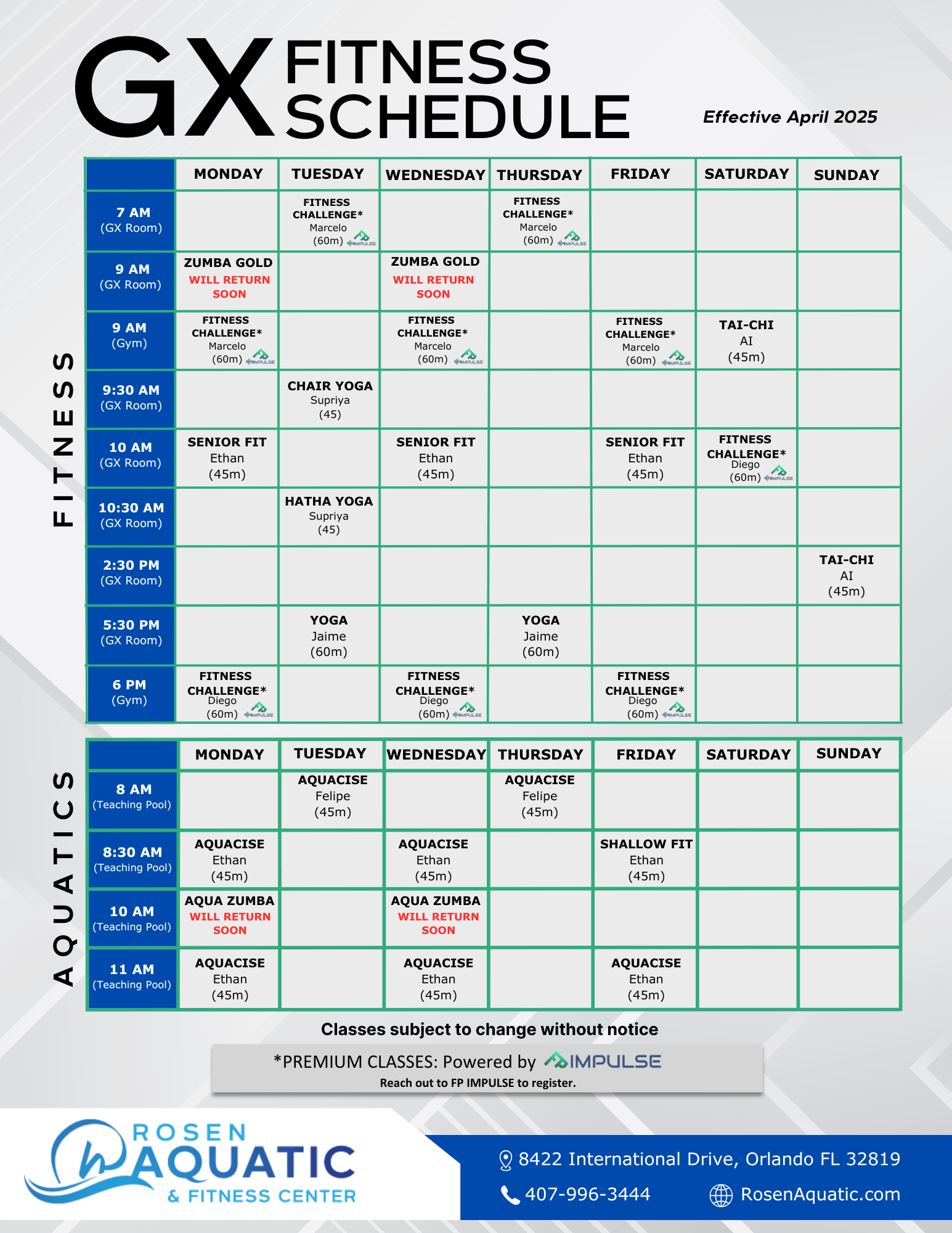 Rosen Aquatic and Fitness Center - Fitness Classes May 2025