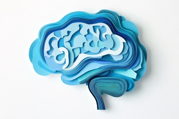 An artistic design on a human brain with various shades of blue in front of a white background.