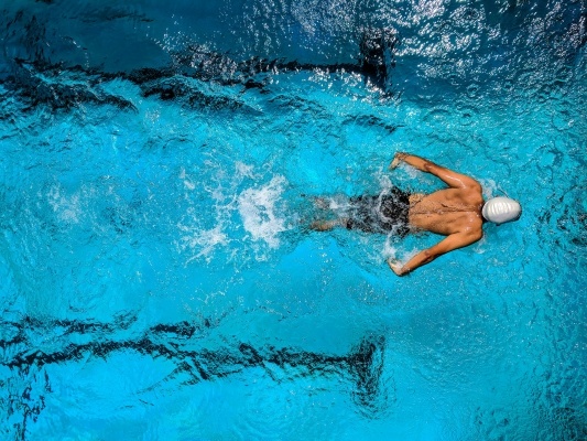 A man performing a butterfly swim stroke in a sparkling blue swimming pool.