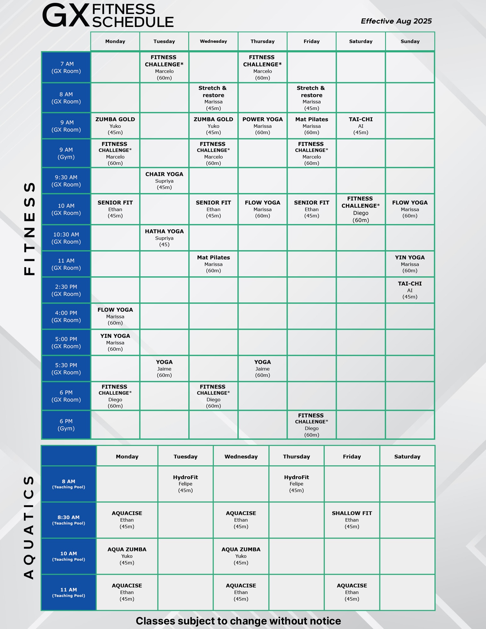 Rosen Aquatic and Fitness Center - Fitness Classes September 2025