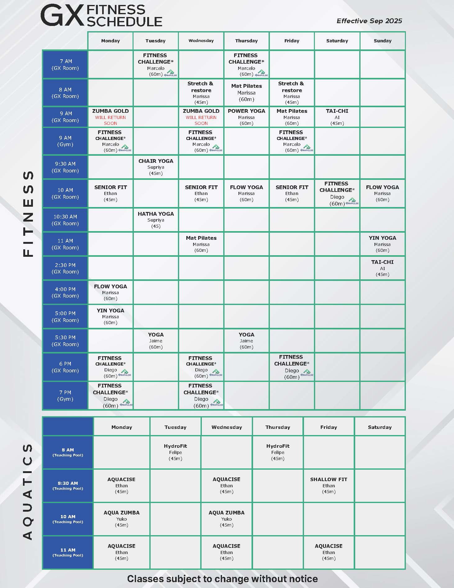 Rosen Aquatic and Fitness Center - Fitness Classes October 2025