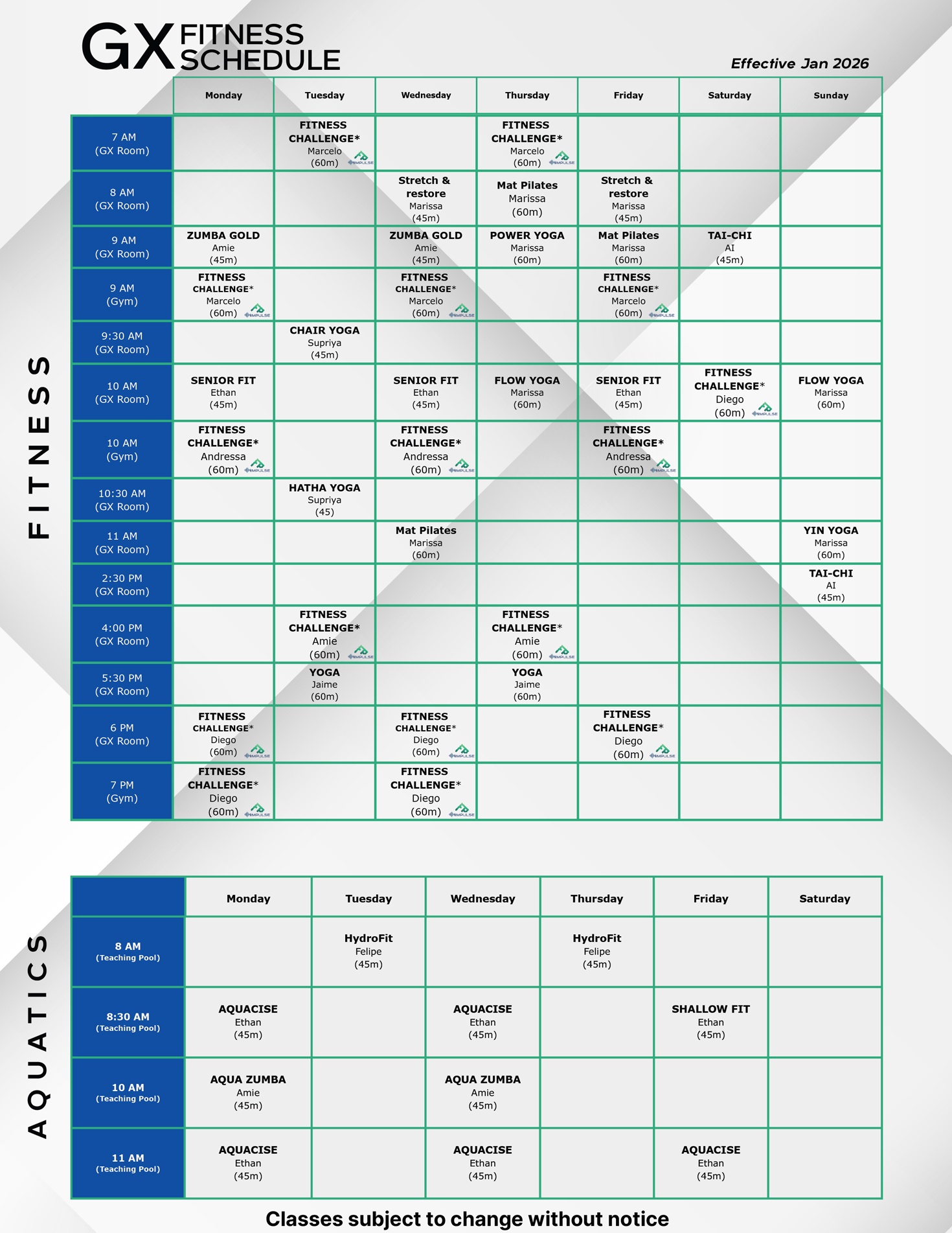 GX Fitness Schedule January 2026