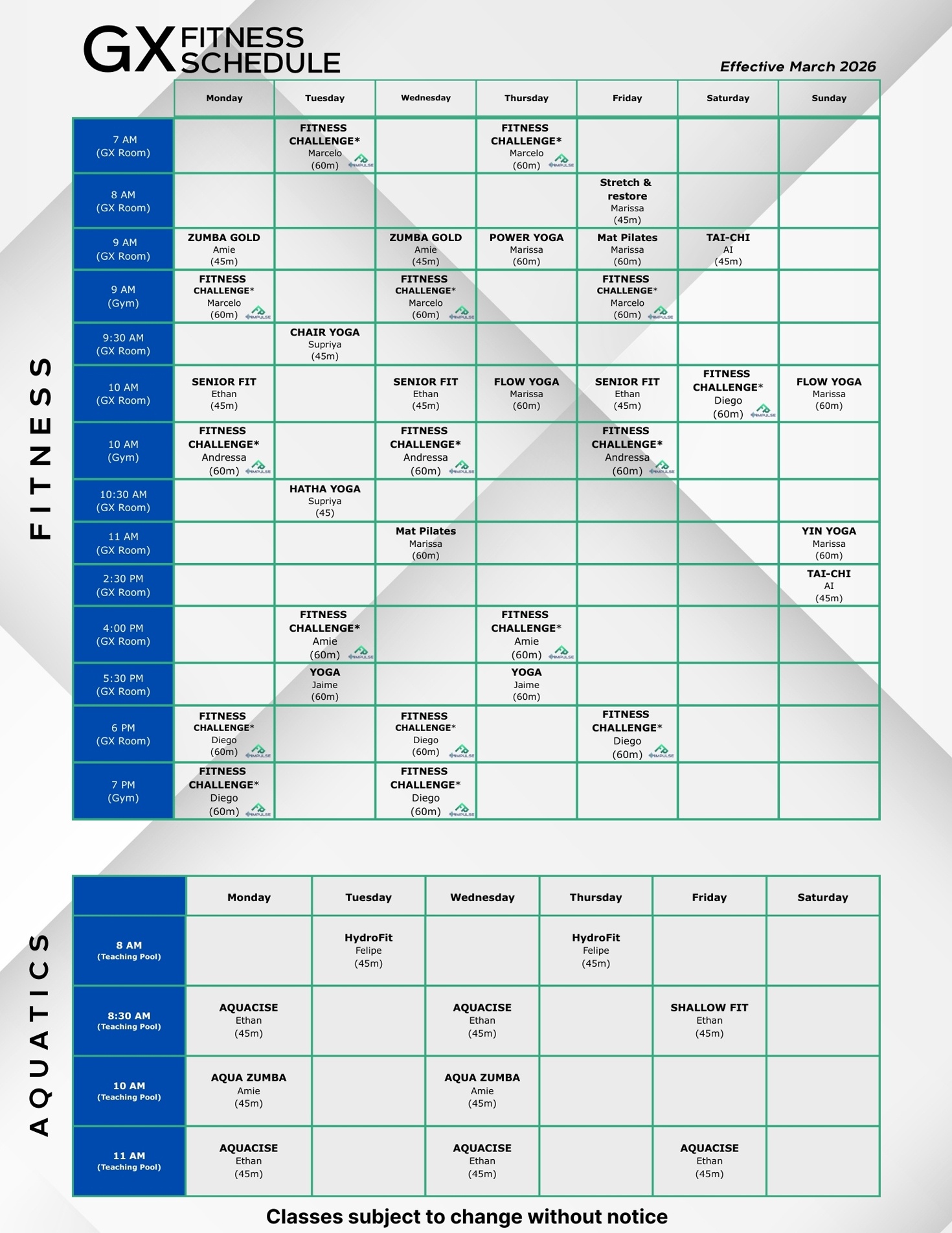 GX Fitness Schedule March 2026