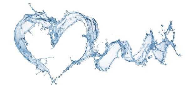 A heart made out of a splash of water with a trail of water behind.