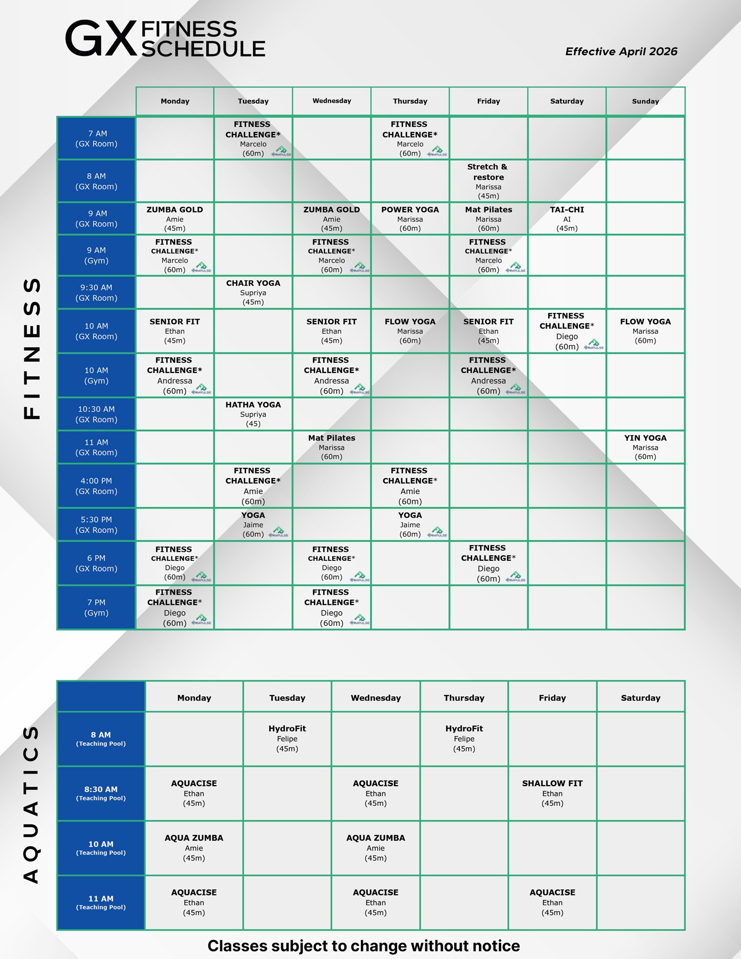 GX Fitness Schedule April 2026