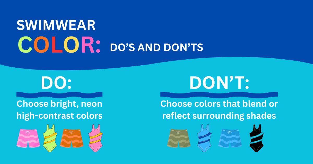 A graphic comparing neon colored bathing suits with neutral and blue colored bathing suits, a representation of an important water safety tip.