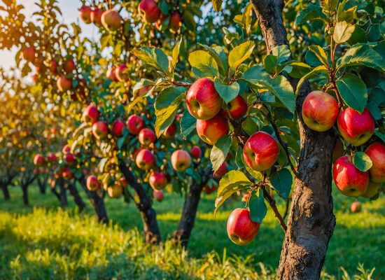 Golden sunlight on ripe apple orchard trees, ready for harvest season sunlight.